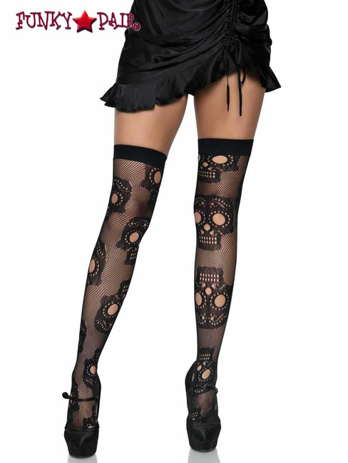 LA-6626, Sugar Black Skull Net Thigh Highs by Leg Avenue