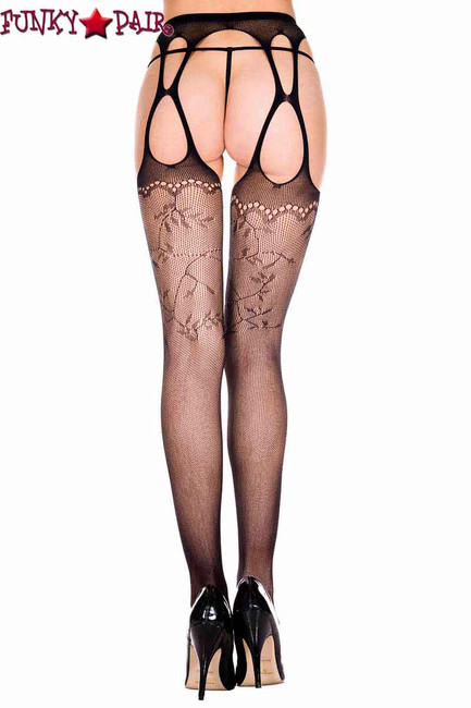 Music Legs ML-911, Fishnet and Lace Detail Suspender Pantyhose Back View