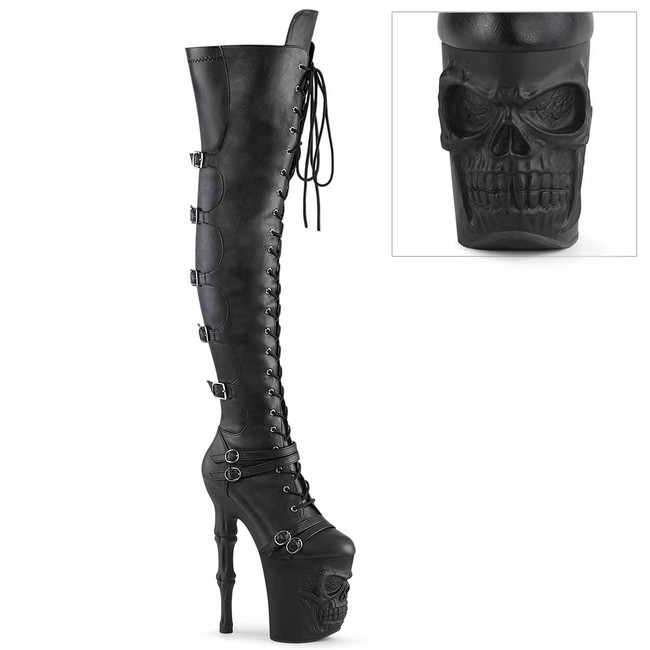 RAPTURE-3045, Bone Heels with Skull Sculpted Platform Thigh High Boots By Pleaser
