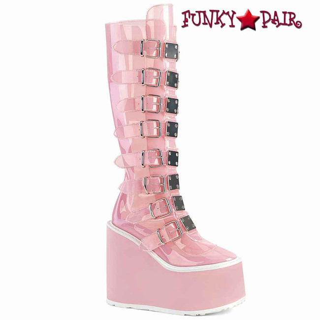 SWING-815C, Clear Baby Pink Platorm Boots with Metal Plates By Demonia