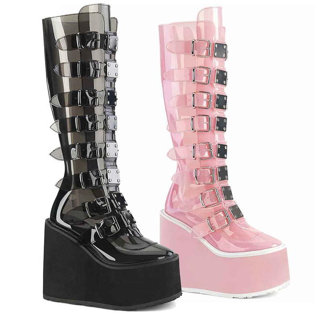 SWING-815C, Clear Platorm Boots with Metal Plates By Demonia