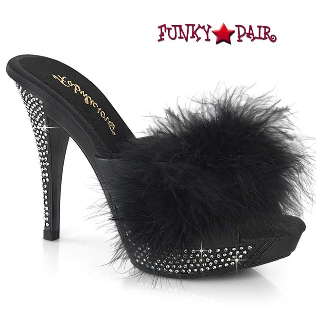 ELEGANT-401F, Black 4.5 Inch Marabou Slipper By Fabulicious