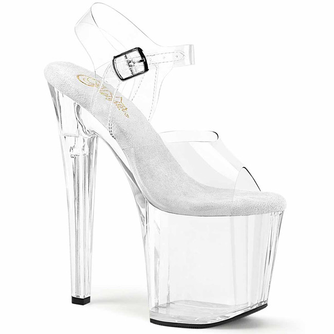 ENCHANT-708, Clear 7" Ankle Strap Sandal with Prismatic Linear Front Design By Pleaser