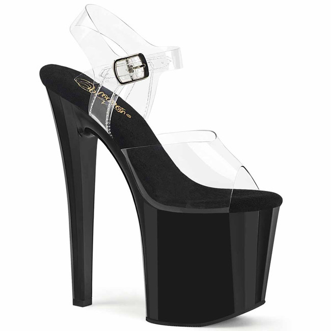 ENCHANT-708, Clear/Black Ankle Strap Sandal with Prismatic Linear Front Design By Pleaser