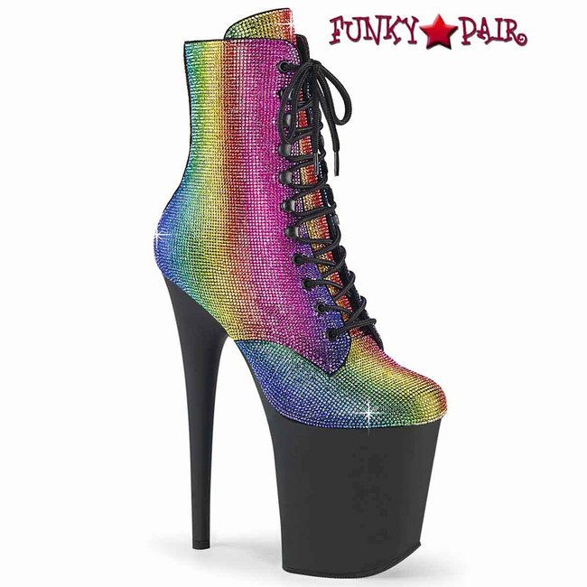 FLAMINGO-1020RS, 8 Inch Rainbow Rhinestones Ankle Boots By Pleaser