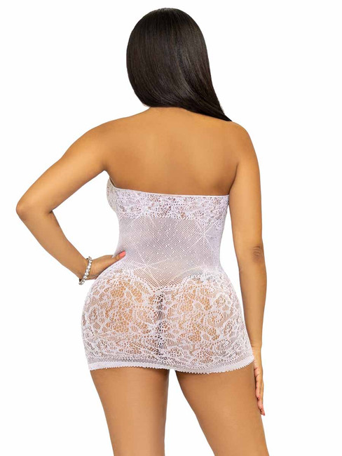 LA86134, White Rhinestones Lace Mini Dress Back View