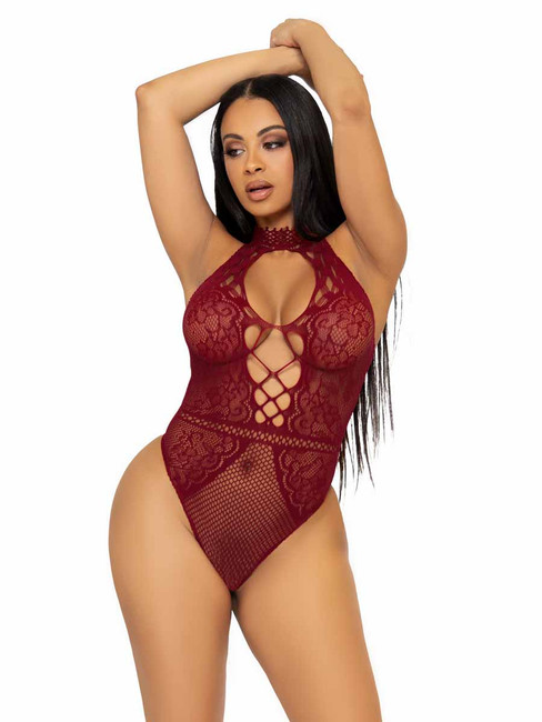 LA89307, Burgundy Keyhole Halter Bodysuit