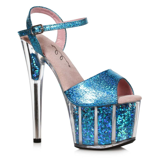 709-Zenya, 7 Inch Blue Glitter Flake Fill Platform By Ellie