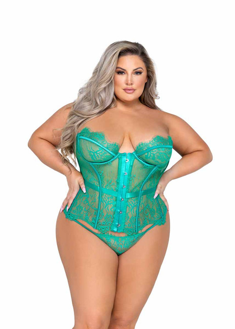 R-LI556Q, Plus Size Green Fantasy Eyelash Lace Bustier Set By Roma