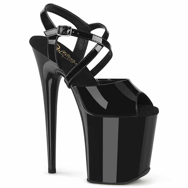 Flamingo-824, Black 8" Ankle Strap Platform with Criss Cross Straps By Pleaser