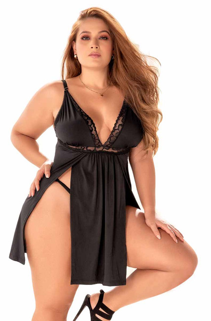 MA7341X, Plus Size Black Lace & Side Slits Babydoll by Mapale