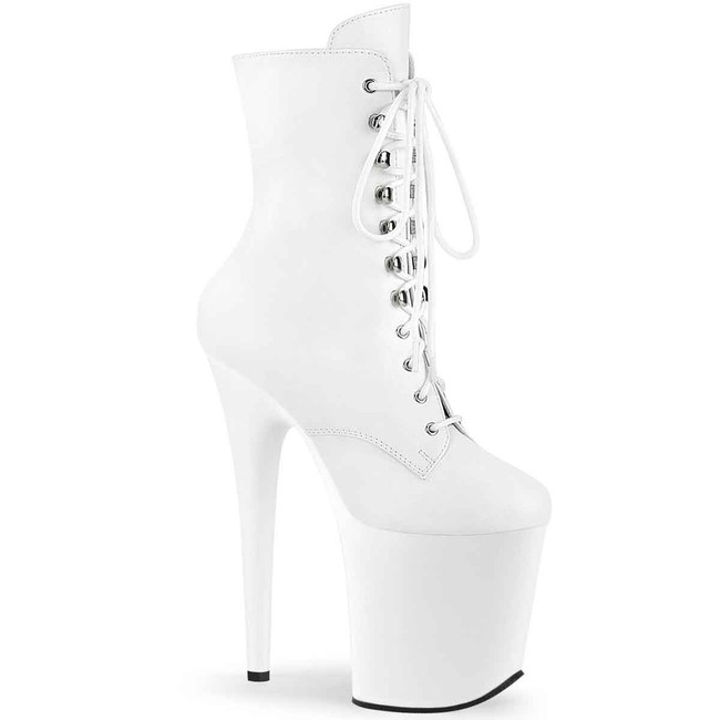 Flamingo-1020FX, 8 Inch Lace up White Faux Leather Ankle Boots By Pleaser