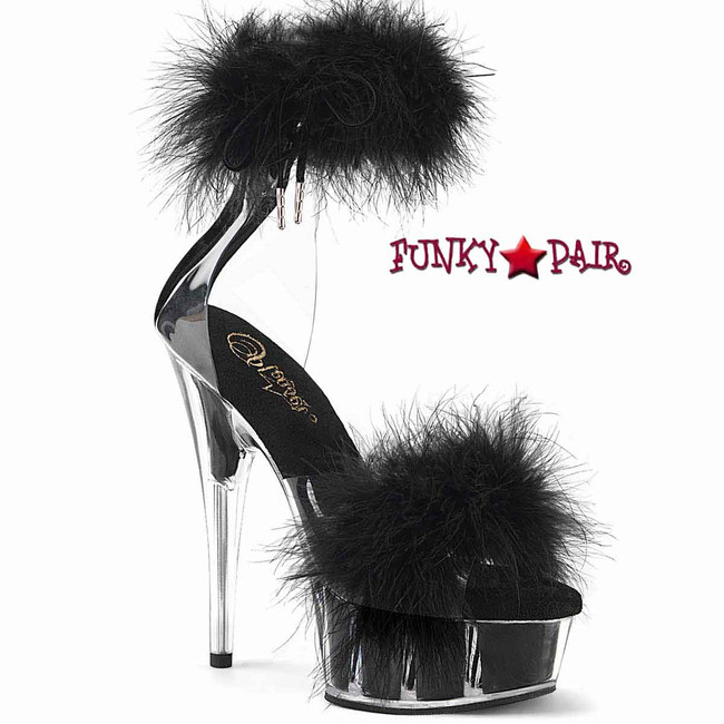 DELIGHT-624F, 6" Black Marabou Ankle Cuff Sandal