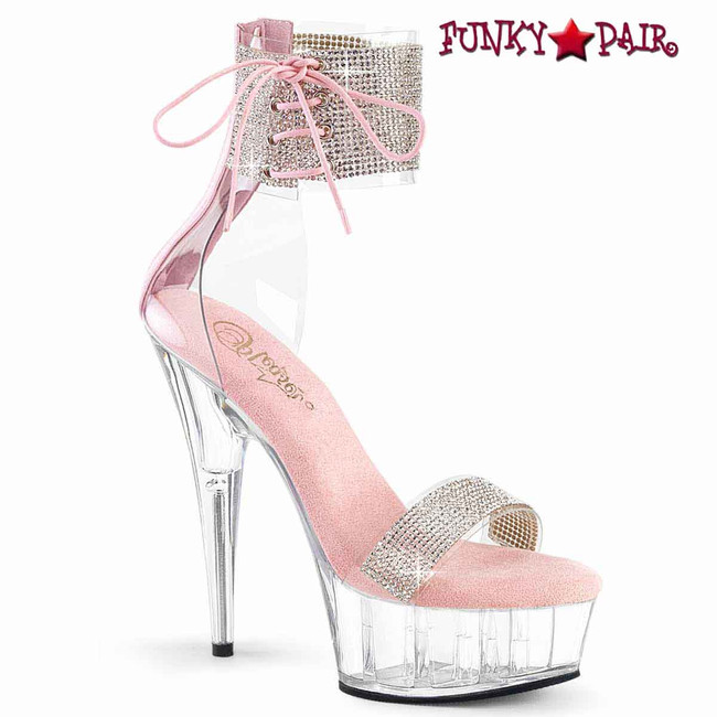 DELIGHT-627RS, 6" Baby Pink Rhinestones Ankle Cuff and Front Strap Platform Sandal