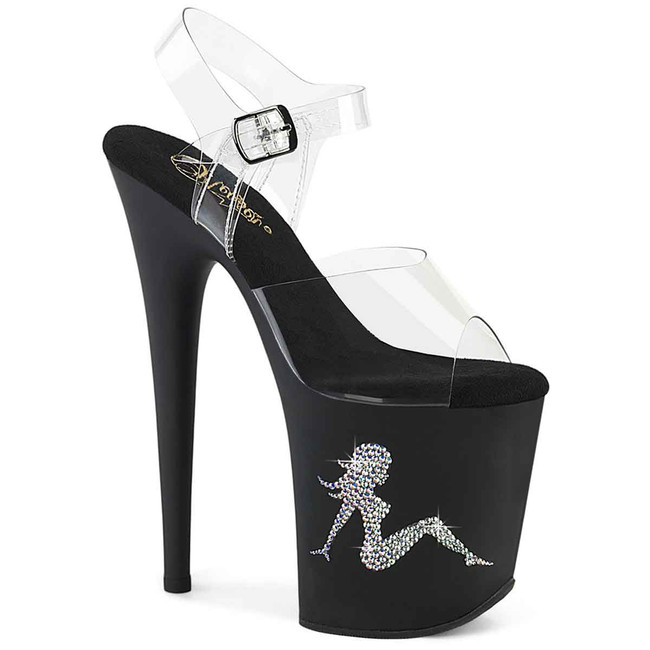 FLAMINGO-808TGRS, 8" Silver Rhinestones Trucker Girl Platform Sandal By Pleaser USA