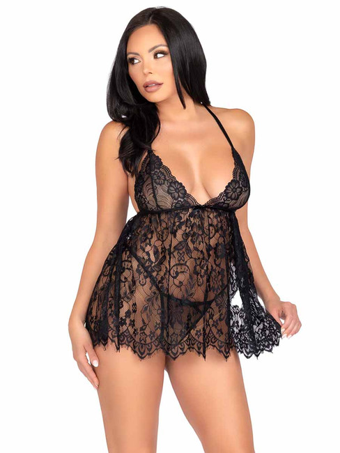 Leg Avenue LA86144, Black Floral Lace Babydoll