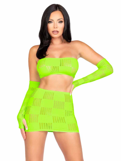 LA86143, Neon Green Checkerboard Net Bandeau & Skirt Set by Leg Avenue