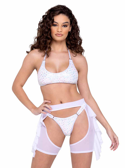 Roma R-6224 - White Sequin Fishnet Thong