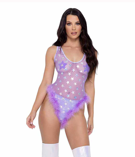 R-6272 - Lavender Sheer Stars & Marabou Trim Romper