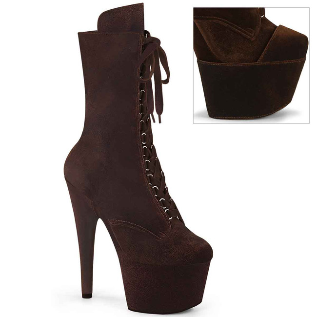 ADORE-1045VEL, 7" Brown Velvet Ankle Boots By Pleaser