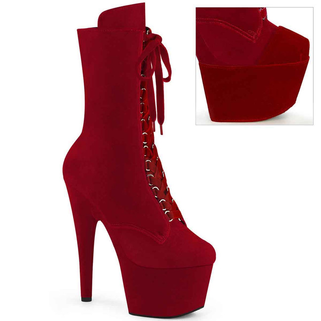 ADORE-1045VEL, 7" Red Velvet Ankle Boots By Pleaser