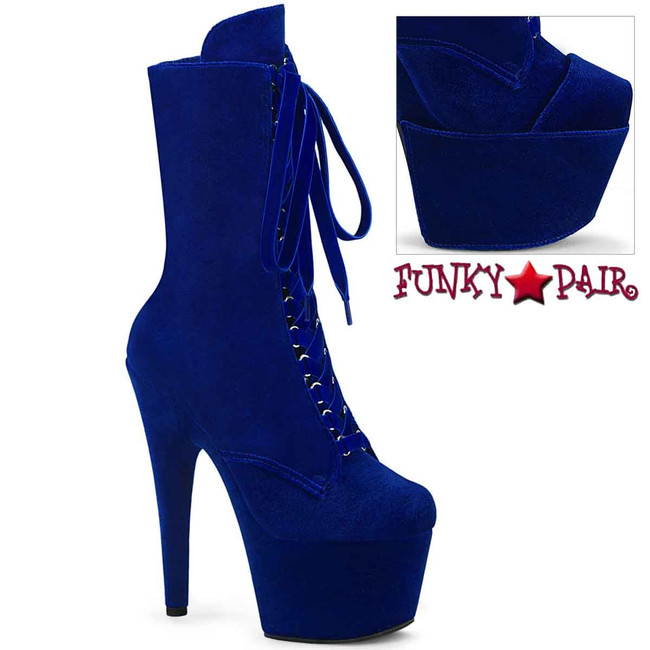 ADORE-1045VEL, 7" Navy Blue Velvet Ankle Boots By Pleaser
