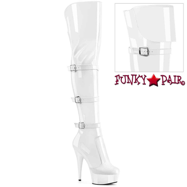 DELIGHT-3018, 6" White Thigh High Boots with Triple Strap By Pleaser