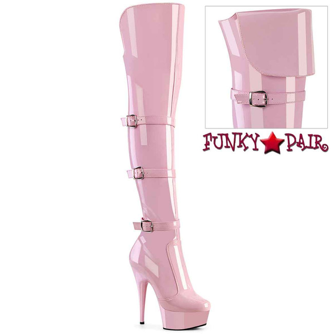 DELIGHT-3018, 6" Baby Pink Thigh High Boots with Triple Strap By Pleaser