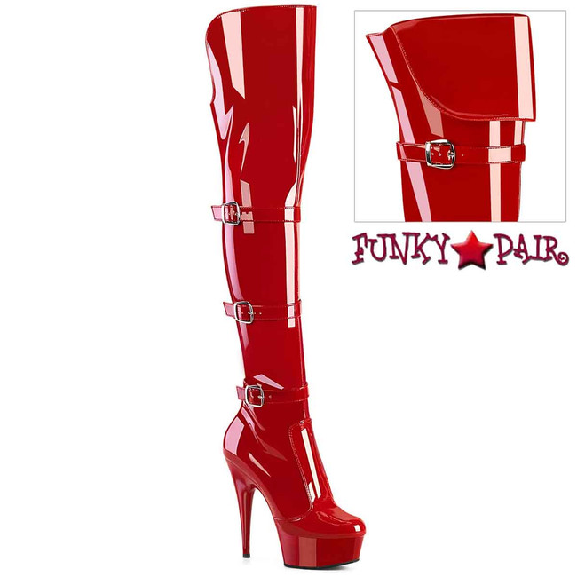 DELIGHT-3018, 6" Red Thigh High Boots with Triple Strap