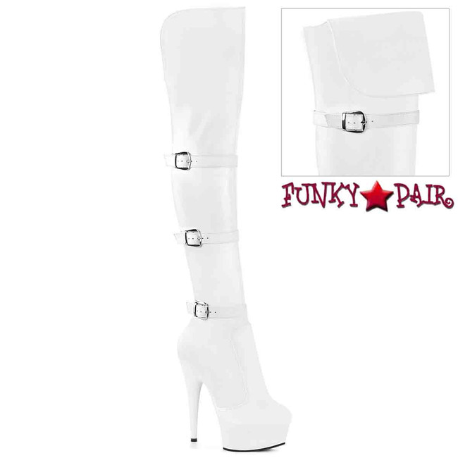 DELIGHT-3018FX, White Leather Boots with Triple Strap