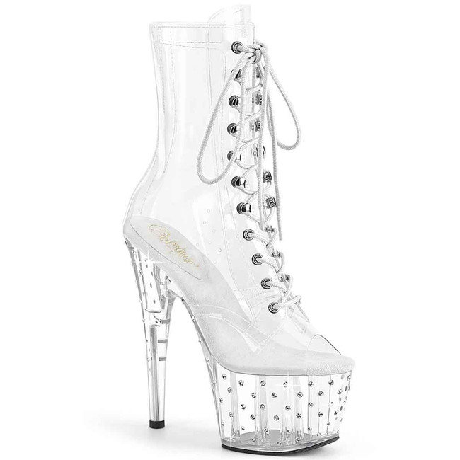 STARDUST-1021C-7, 7" Clear Ankle Boots with Rhinestones Platform By Pleaser