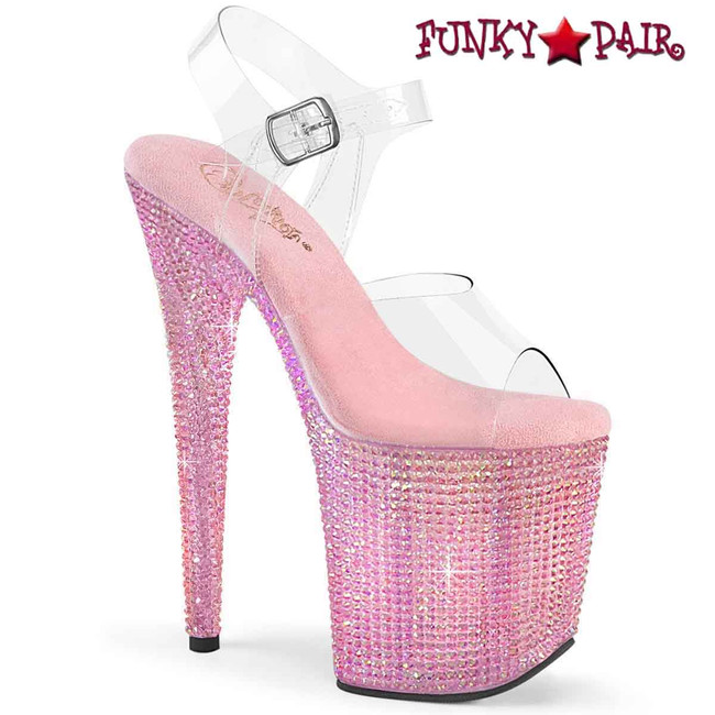 BEJEWELED-808RRS, 8" Ankle Strap Platform with Baby Pink Resin Rhinestones
