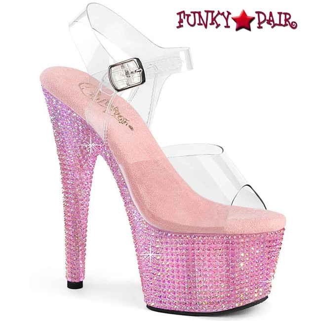 Pleaser BEJEWELED-708RRS, Ankle Strap Platform with Baby Pink Resin Rhinestones