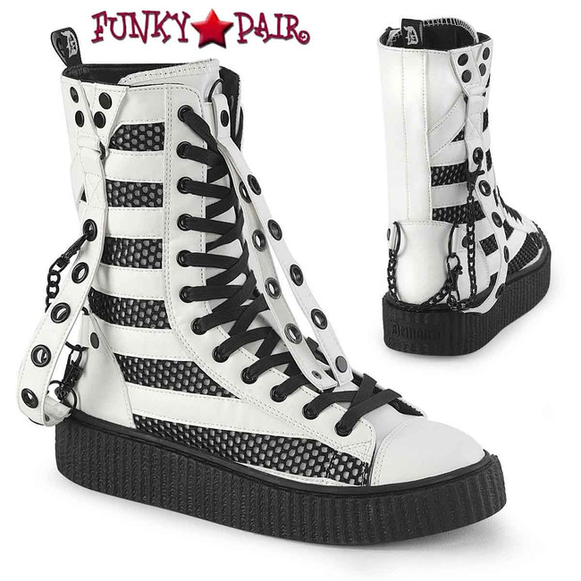 SNEEKER-325, White Mid-Calf Sneaker Creeper Boots By Demonia