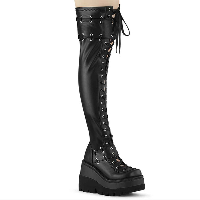 SHAKER-325, Wedge Thigh High Boots By Demonia