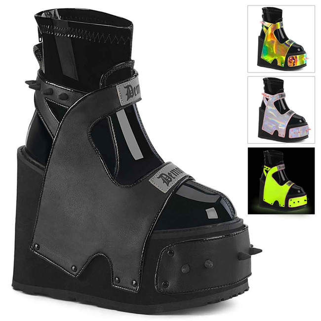 TRANSFORMER-808, Wedge Platform Ankle Boots with Reflective Panels By Demonia