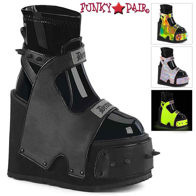 Demonia TRANSFORMER-808, Wedge Platform Ankle Boots with Reflective Panels