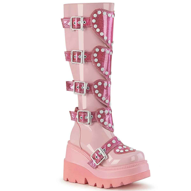SHAKER-210, Baby Pink Wedge Knee High Boots with Heart Shape Detail By Demonia