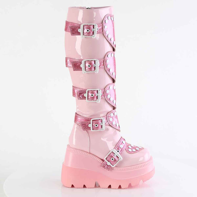 SHAKER-210, Baby Pink Wedge Knee High Boots with Heart Shape Detail Side View
