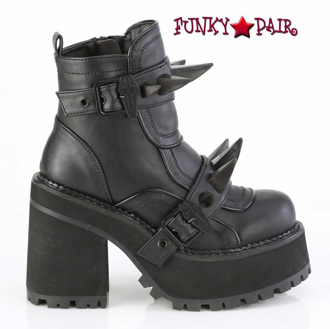 Demonia ASSAULT-72, Black Faux Leather Spike Ankle Boots