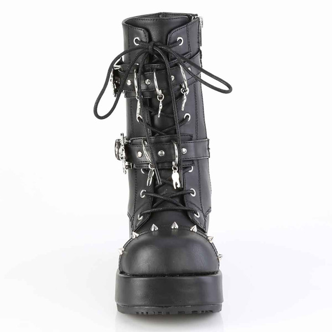 CUBBY-54, Front View Mid-Calf Boots with Skull Buckles Strap