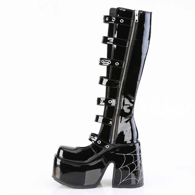 CAMEL-223, Zipper Side View Knee High Boots with Spider Buckles