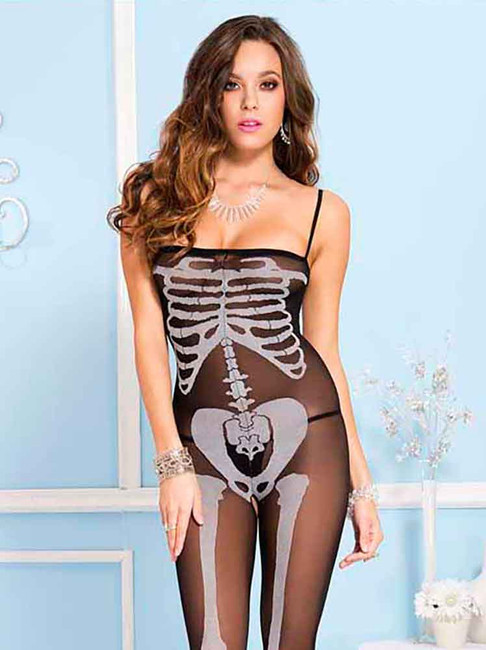 ML-1234, Skeleton print crotch-less bodystocking By Music Legs