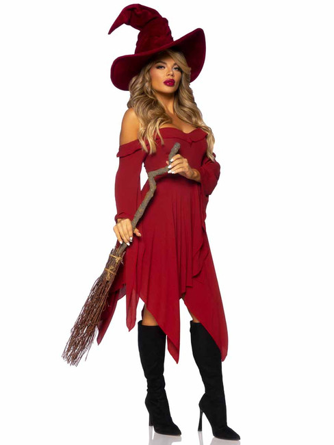 LA87117, Burgundy Witch Bell Sleeves Dress