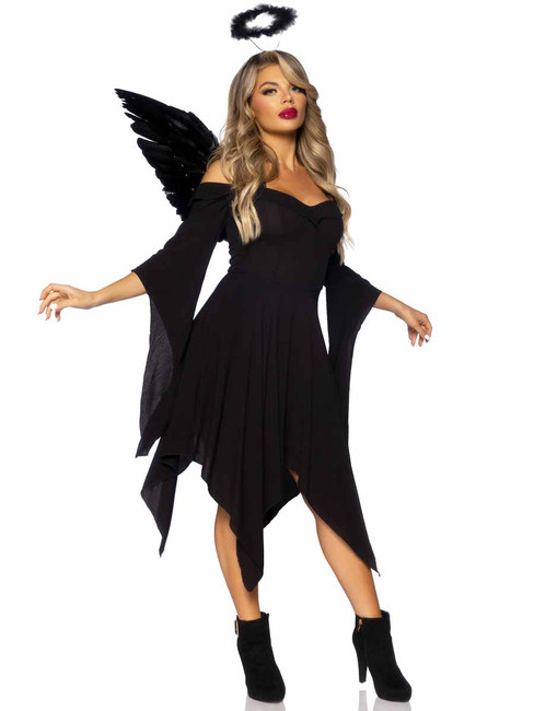 LA87117, Black Angel Bell Sleeves Dress