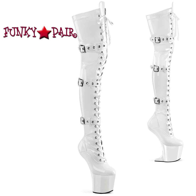 CRAZE-3028, 8 Inch White Heelless Thigh High Boots with Buckles