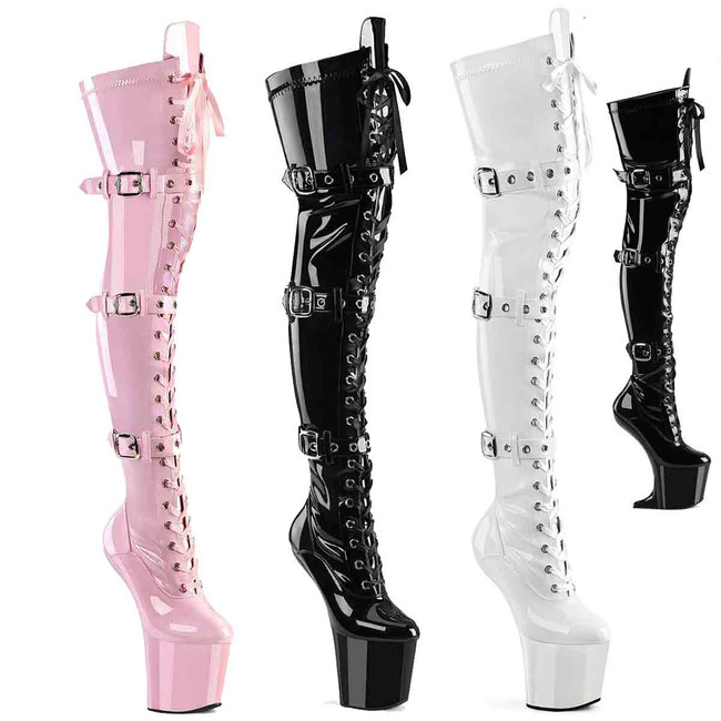 CRAZE-3028, Heelless Thigh High Boots with Buckles By Pleaser USA