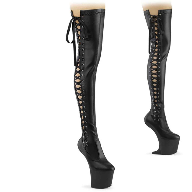 CRAZE-3050, 8 Inch Black Heelless Side Lace Up Thigh High Boots By Pleaser