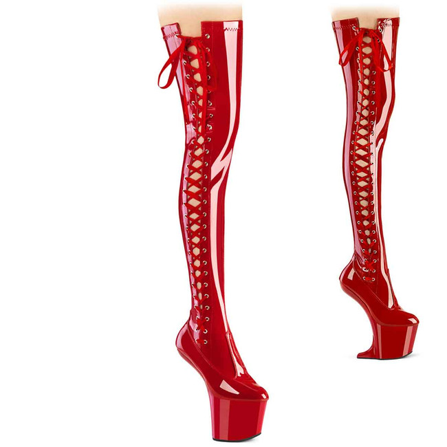 Pleaser CRAZE-3050, 8 Inch Red Heelless Side Lace Up Thigh High Boots