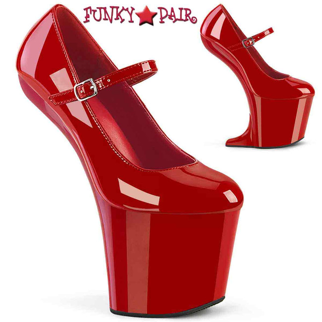 CRAZE-880, Red 8 Inch Heelless Mary Jane Platform